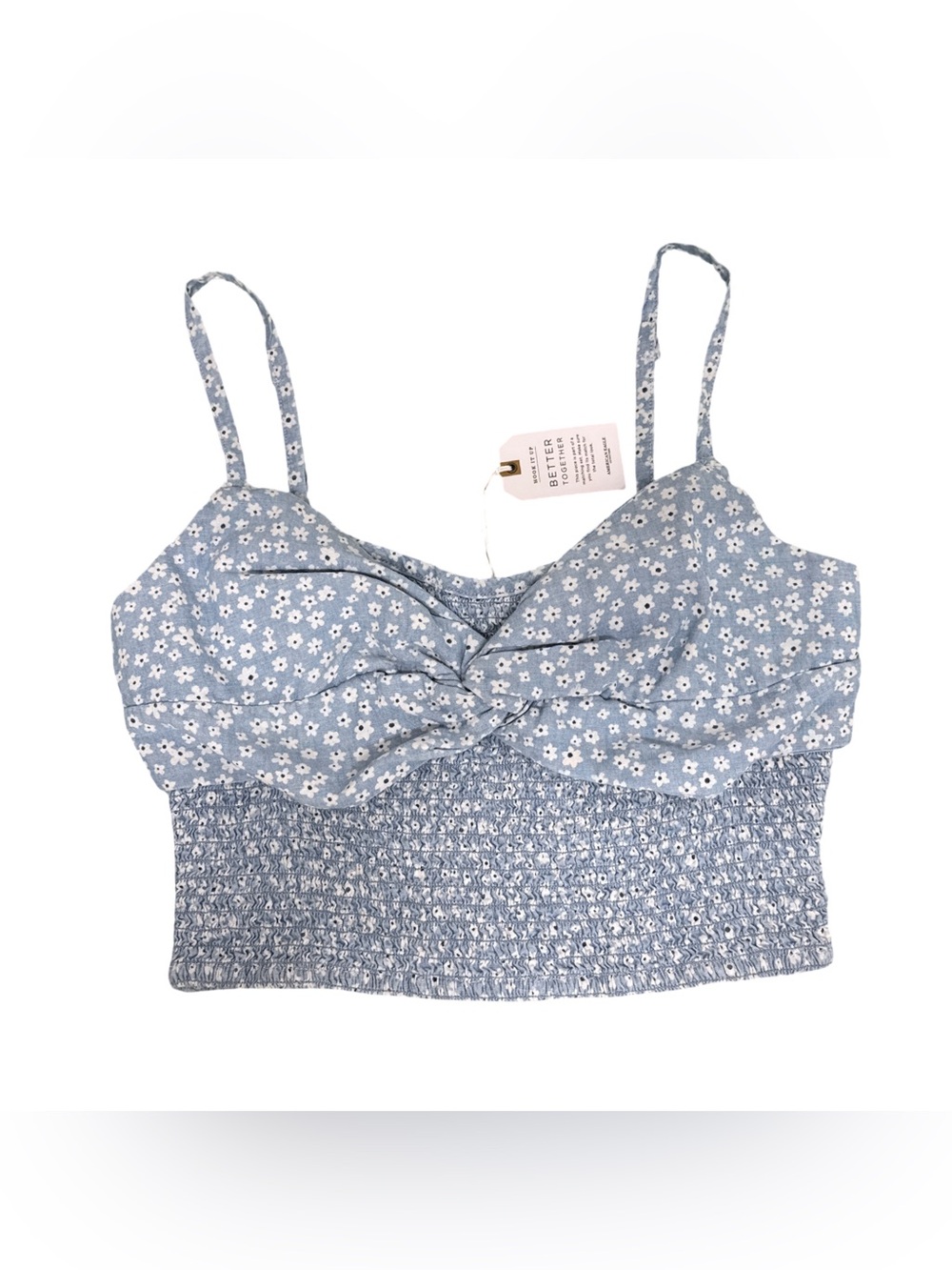 American Eagle Outfitters Light Blue Floral Smocked Crop Top Medium